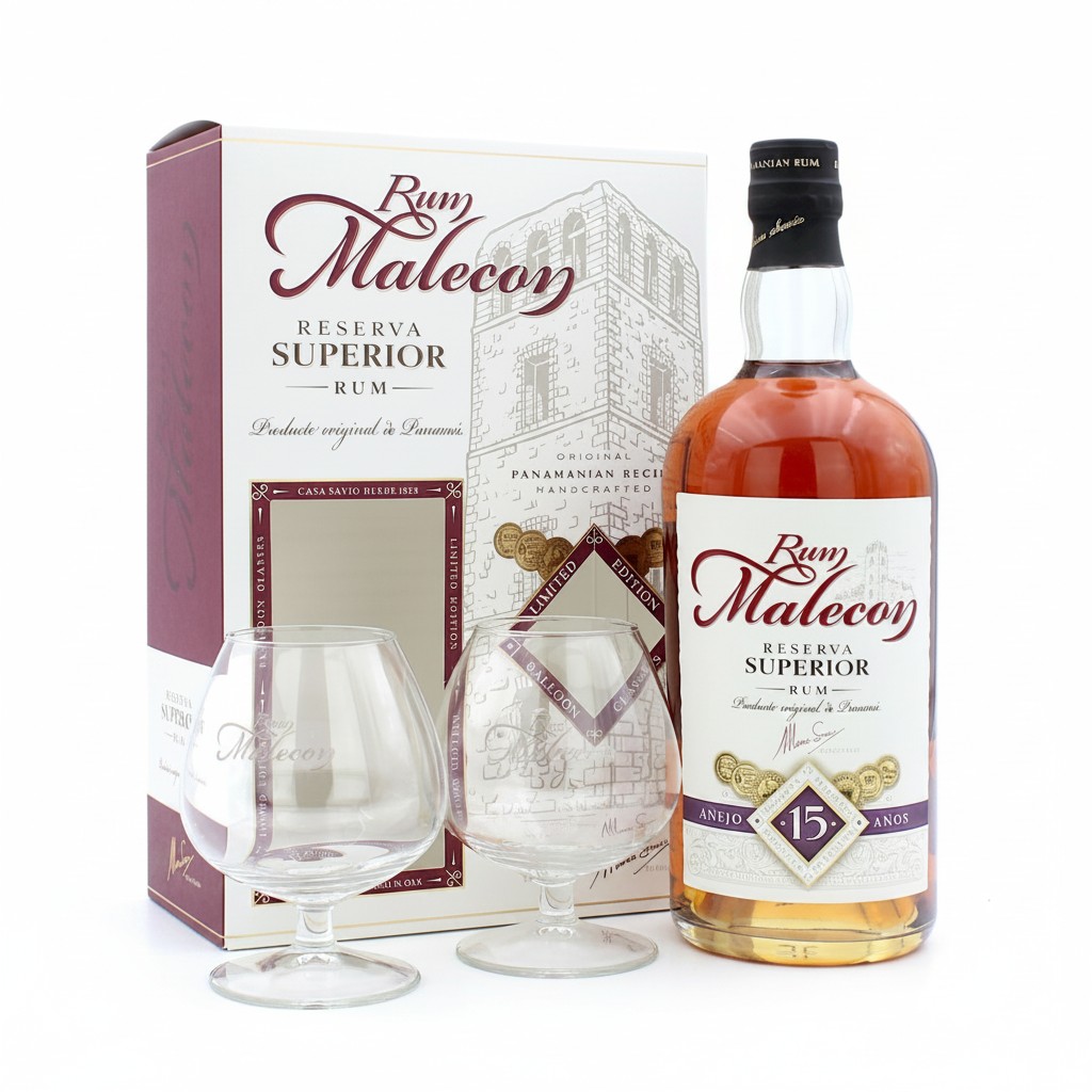 Rom Malecon Reserva Superior 15 Ani Set Cadou Cu 2 Pahare, 40%, 0.7L