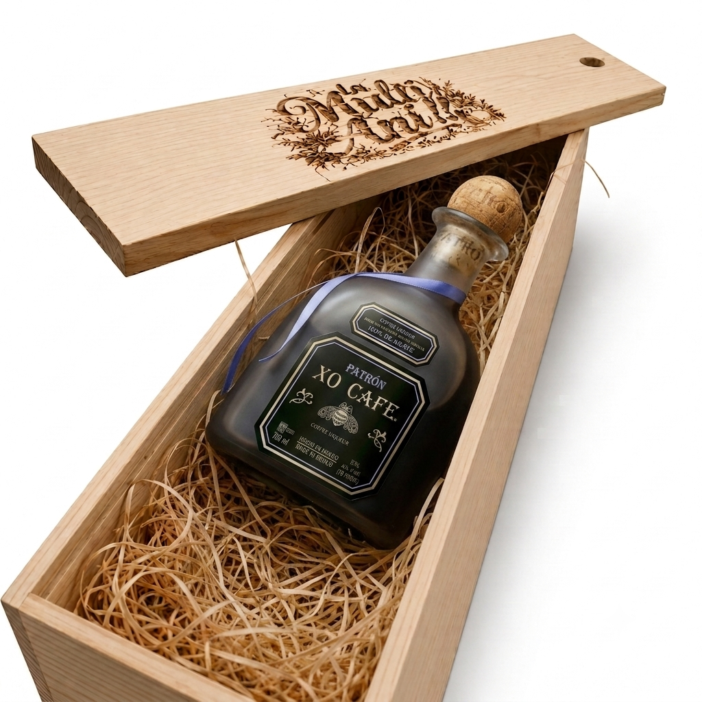 Pachet Cadou Cutie Lemn Personalizata Tequila Patron XO Cafe 35%, 0.7L