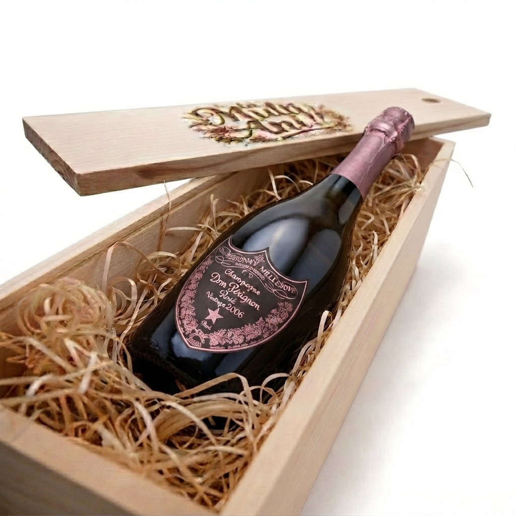 Pachet Cadou Cutie Lemn Personalizata Sampanie Dom Perignon Rose 12.5%, 0.75l