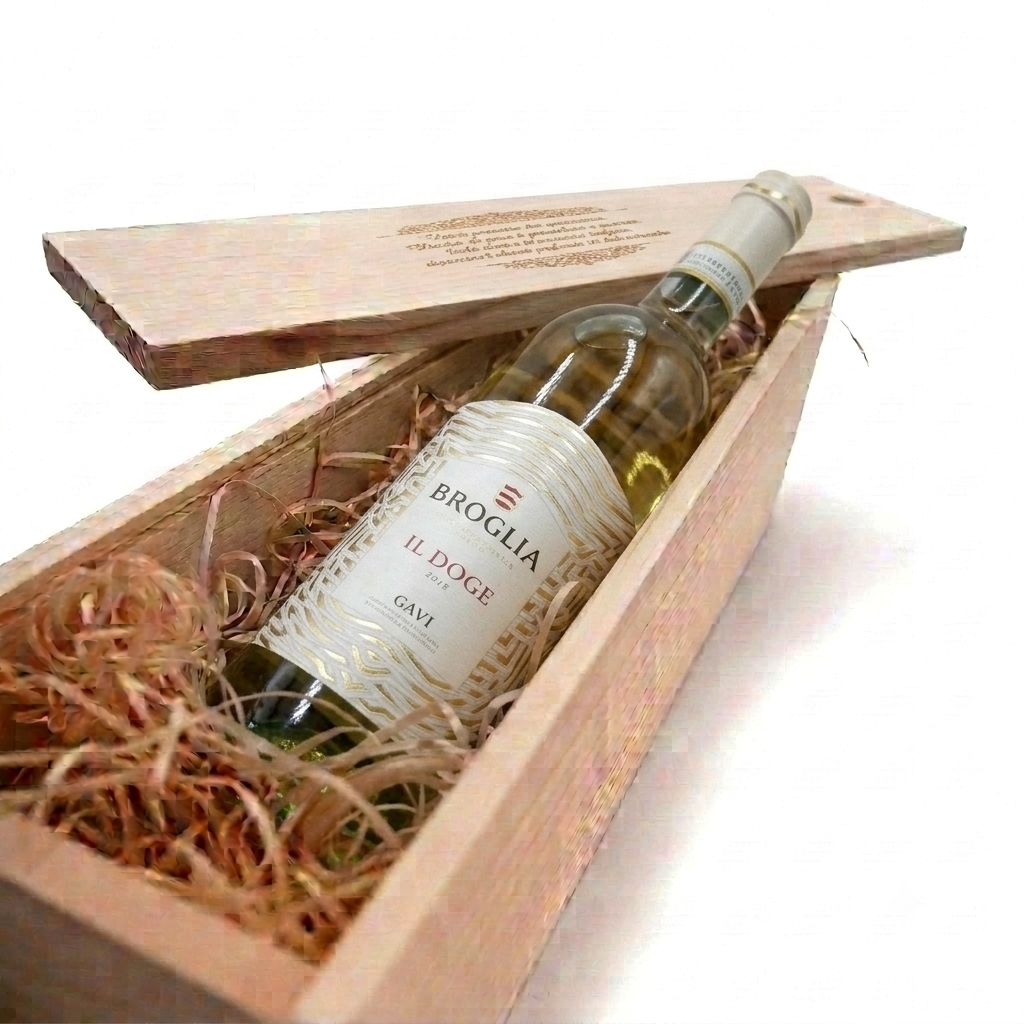 Pachet Cadou Cutie Lemn Personalizata Vin Alb Broglia Il Doge Gavi DOCG - cutie de lemn cu vin alb Cortese