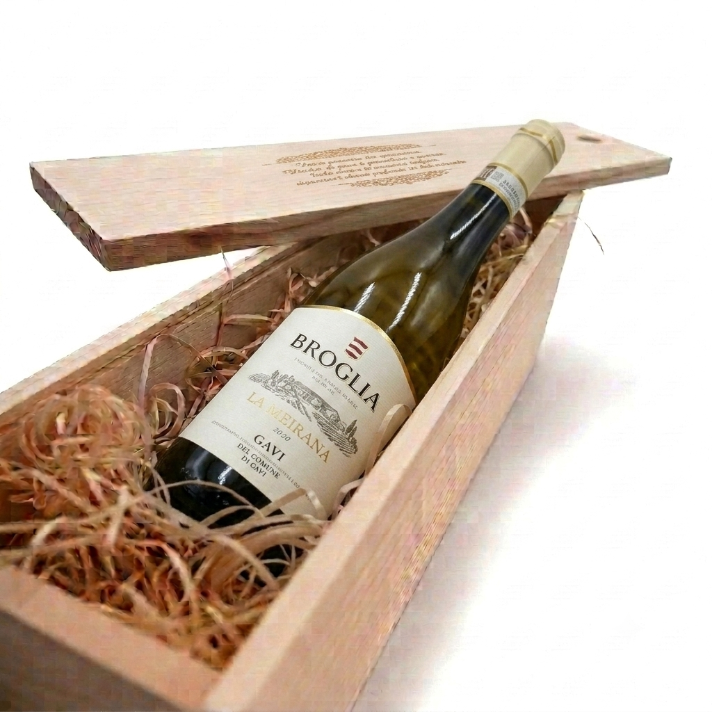 Pachet Cadou Cutie Lemn Personalizata Vin Alb Broglia La Meirana Gavi del Comune di Gavi DOCG 13.5%, 0.75L