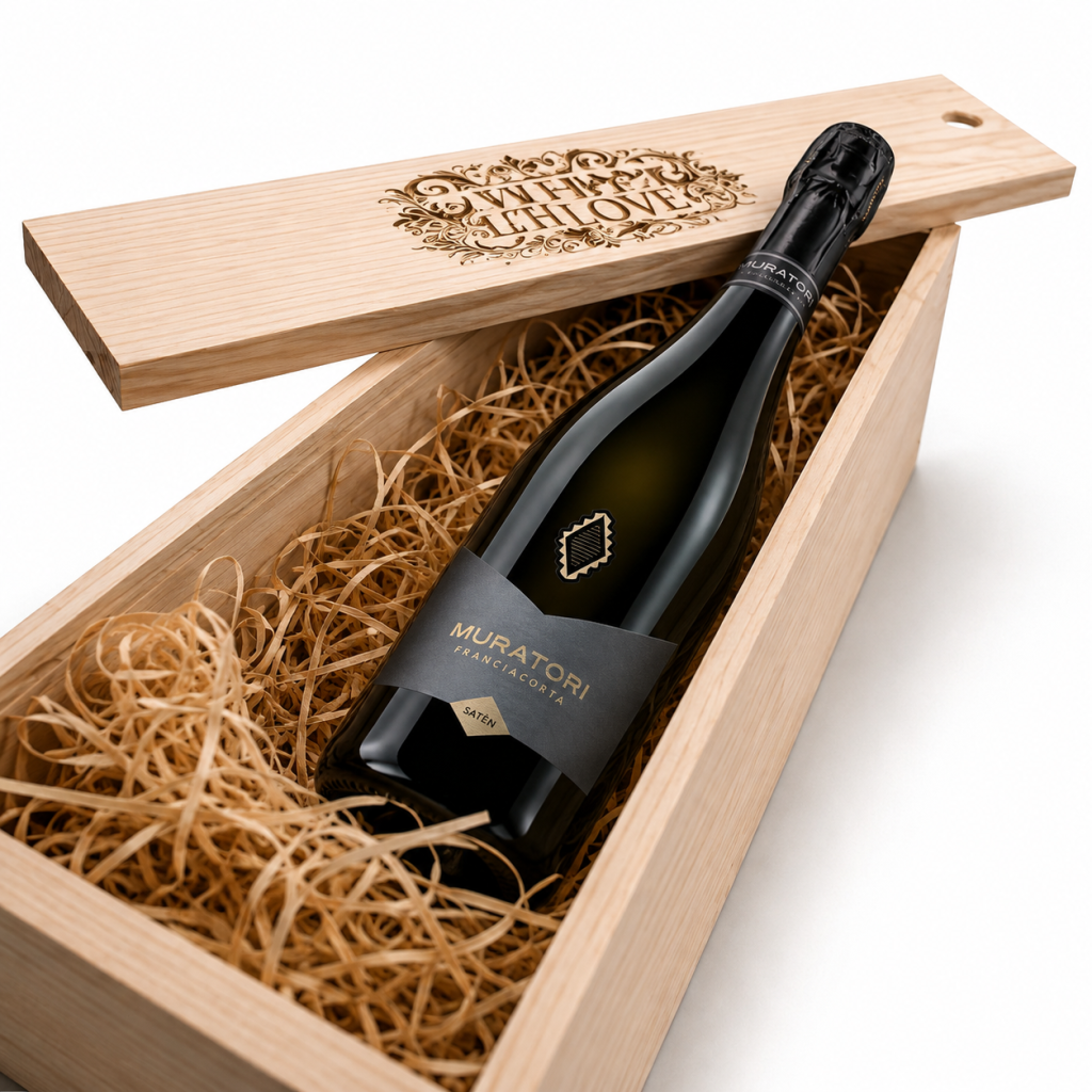 Blanc De Blanc Saten Brut Muratori Franciacorta - pachet cadou cutie lemn cu vin spumant 100% Chardonnay