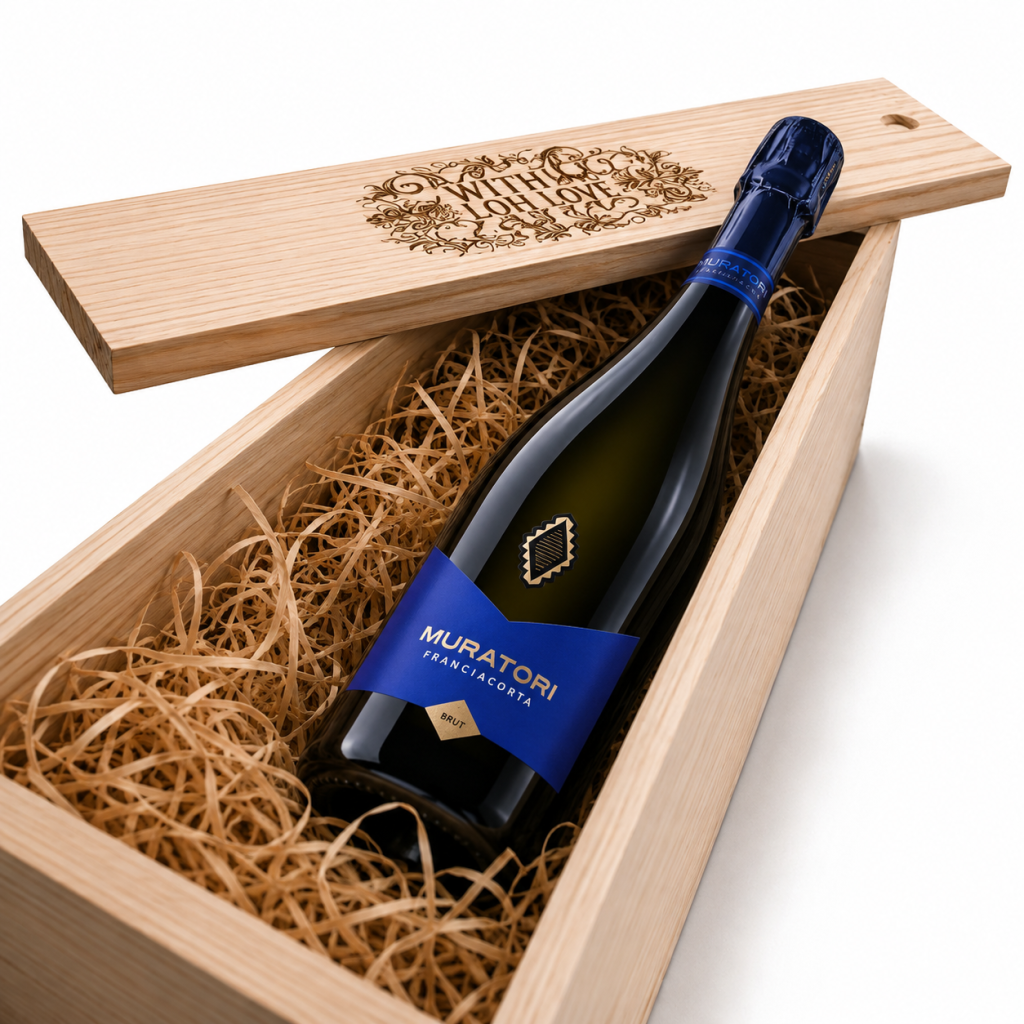 Pachet Cadou Cutie Lemn Personalizata Vin Spumant Muratori Franciacorta - cutie de lemn cu vin spumant DOCG Brut