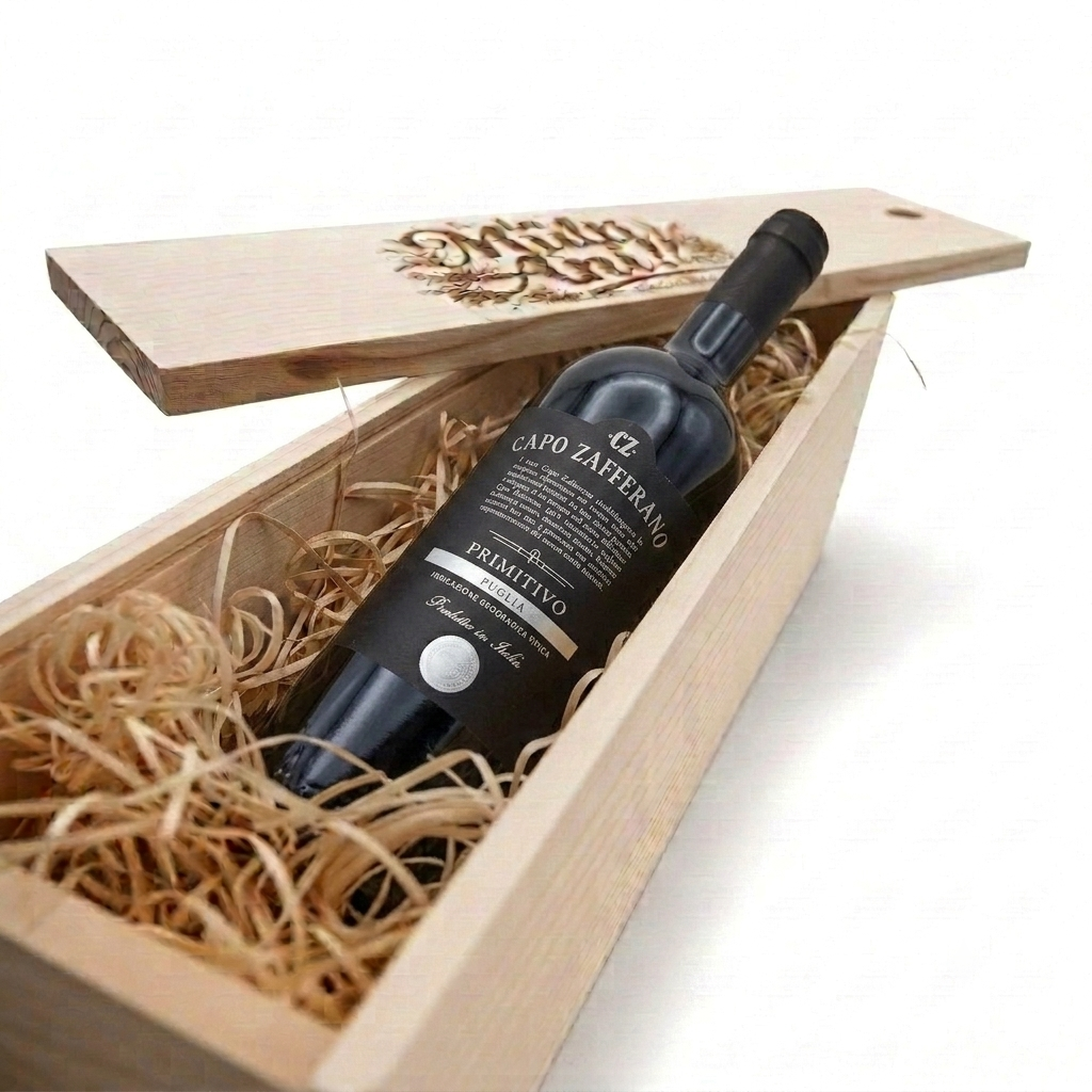 Pachet Cadou Cutie de Lemn Personalizata Vin Rosu Capo Zafferanno Primitivo di Manduria 14.5%, 0.75L